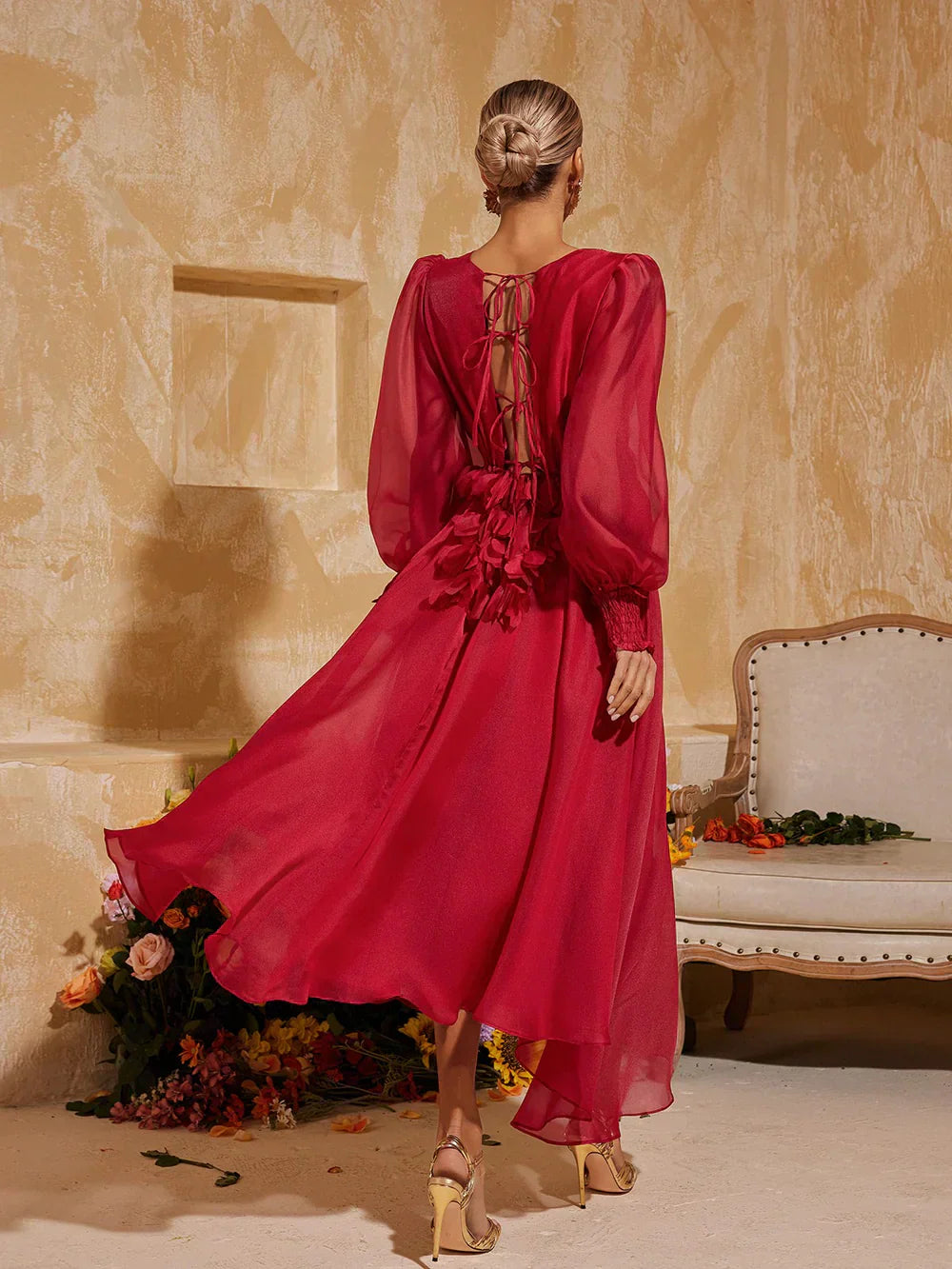 Léonie V Yaka Saçaklı Midi Elbise