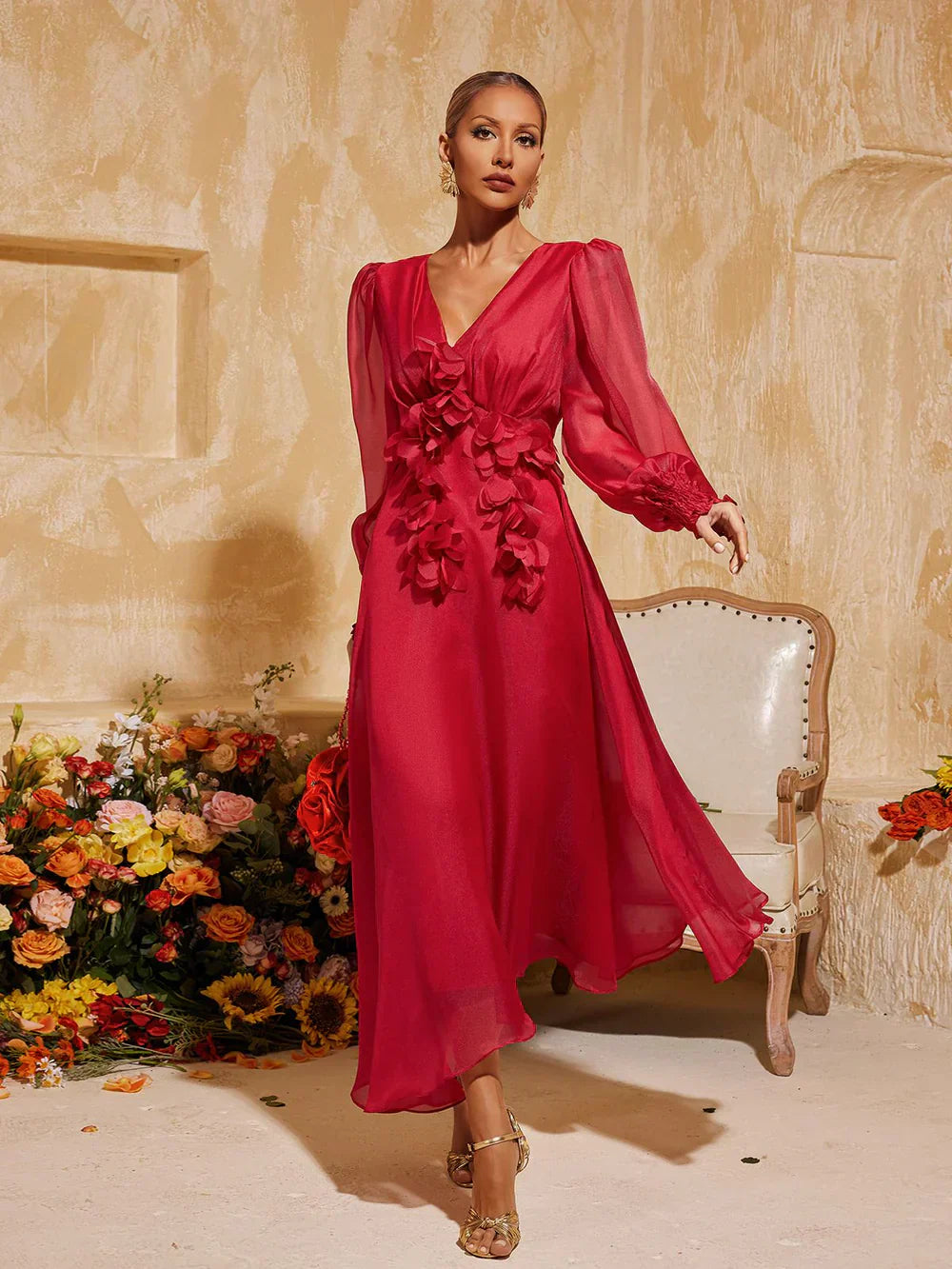 Léonie V Yaka Saçaklı Midi Elbise