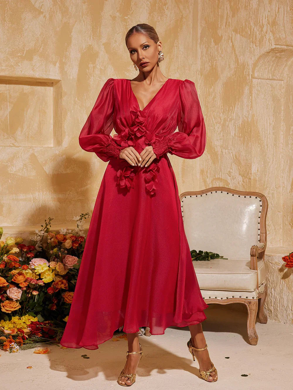 V Yaka Püsküllü Midi Elbise