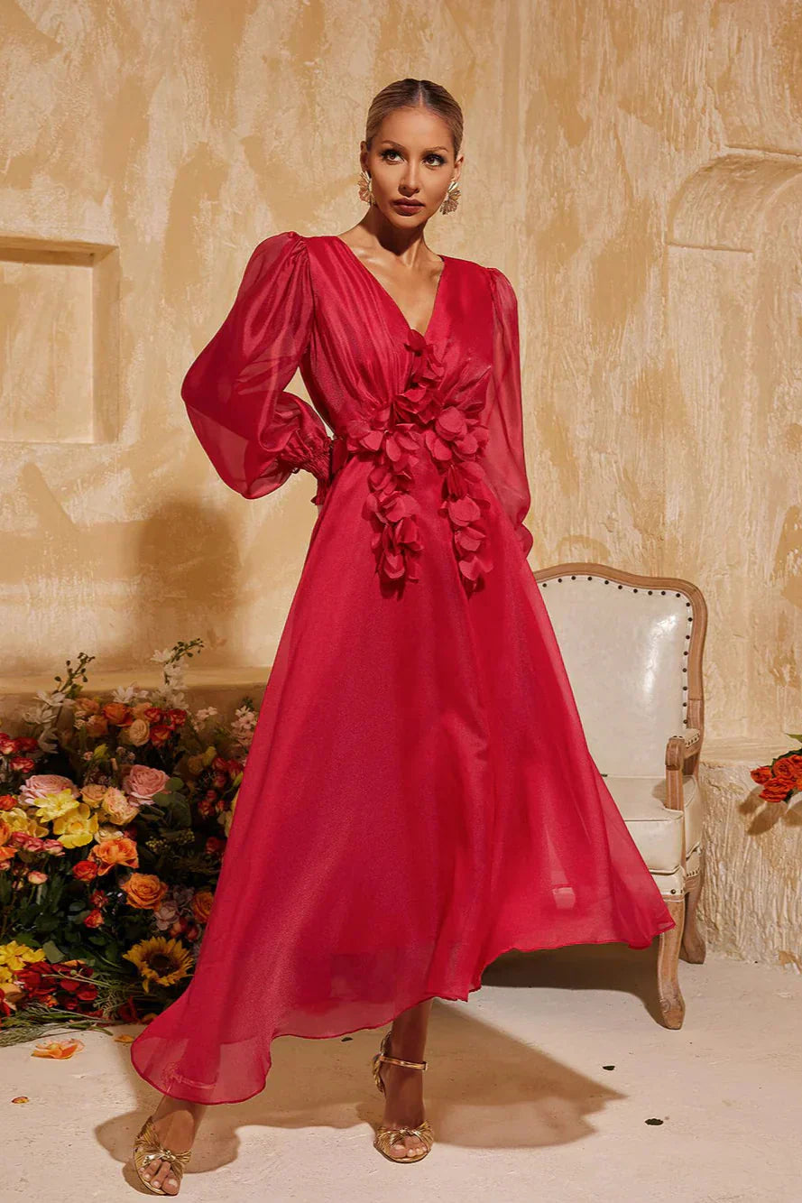 Léonie V Yaka Saçaklı Midi Elbise