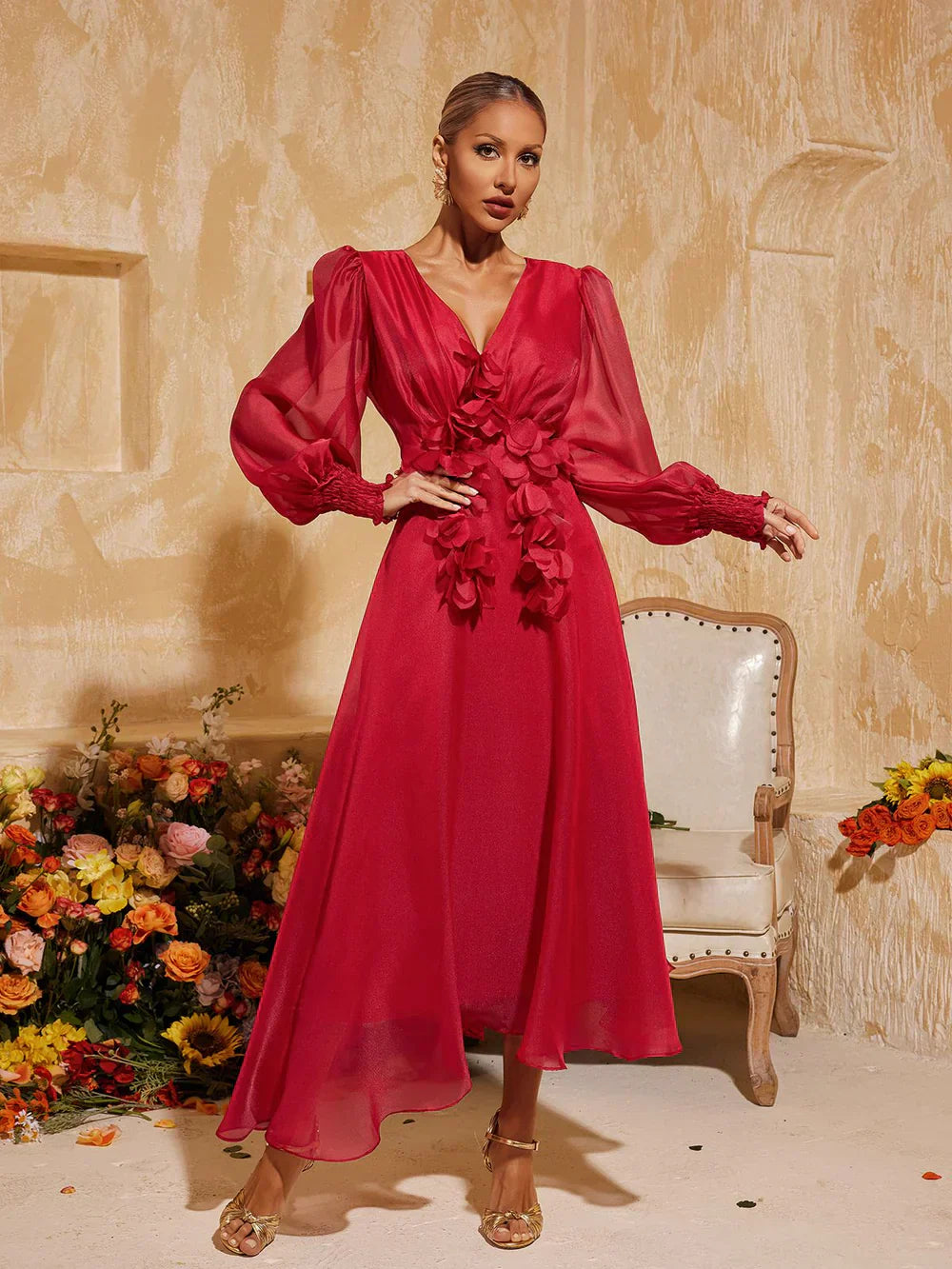 Léonie V Yaka Saçaklı Midi Elbise