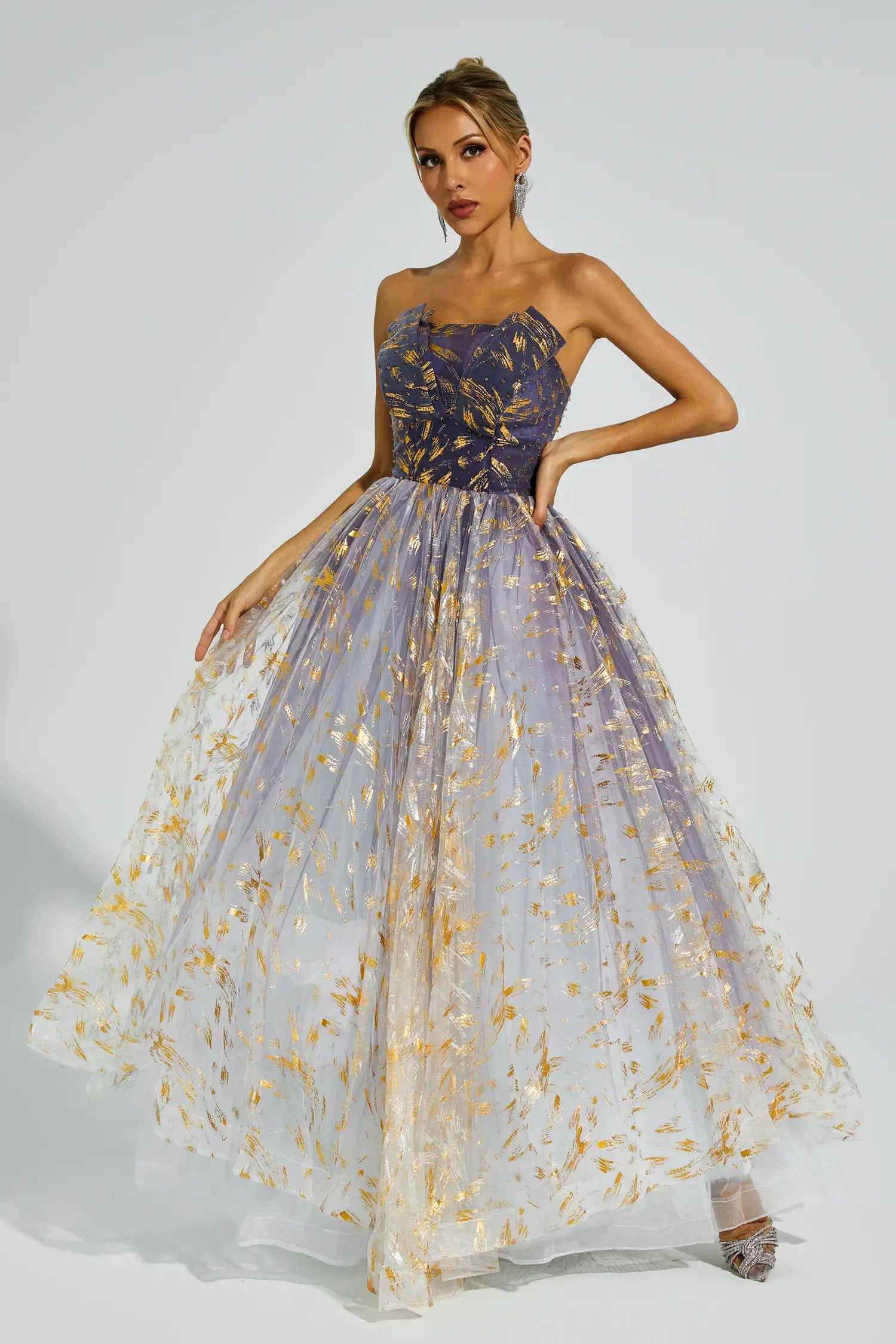 Yetta Degrade Mavi Düşük Omuz Tutu Maxi Elbise