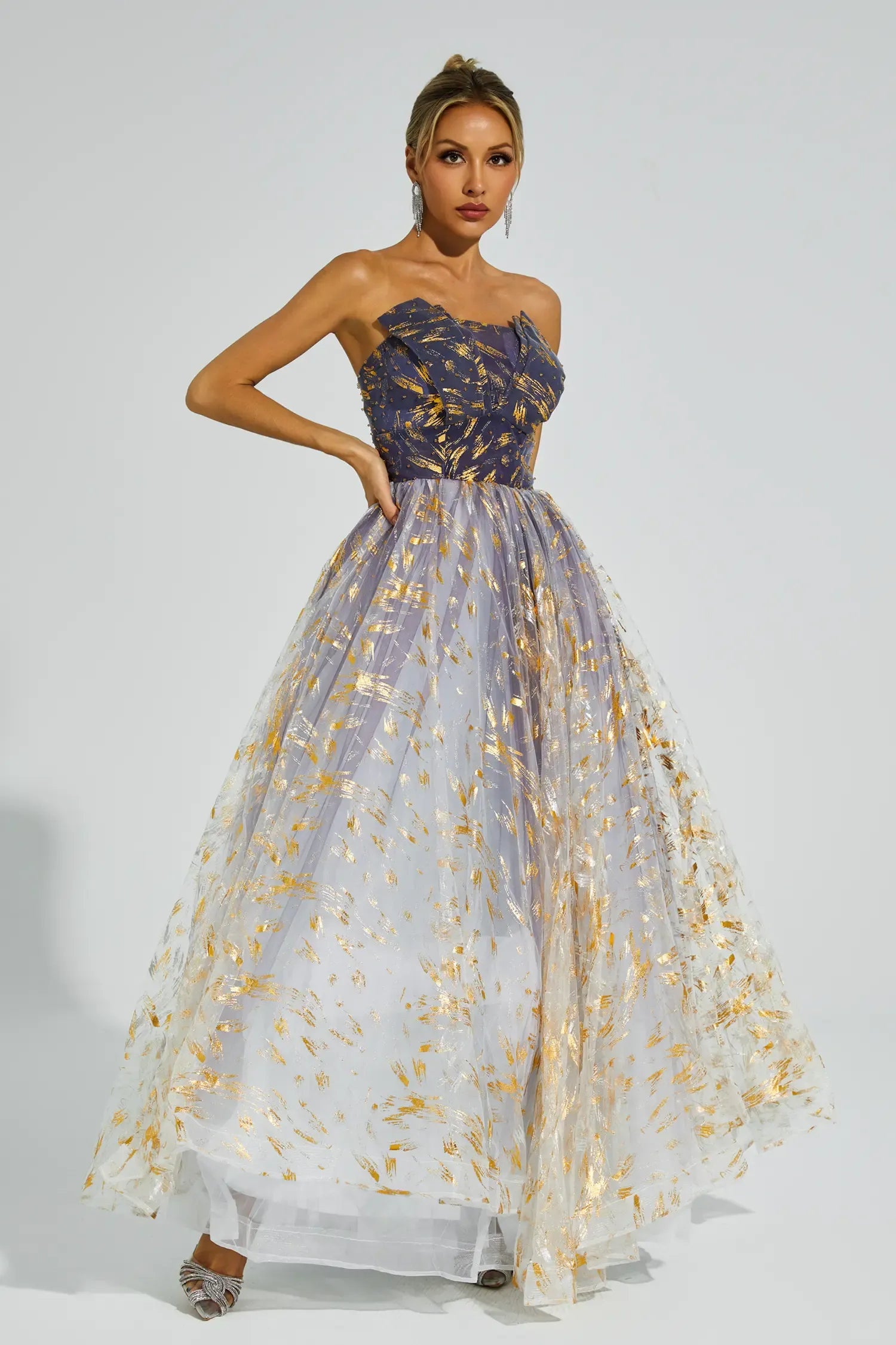 Yetta Degrade Mavi Düşük Omuz Tutu Maxi Elbise