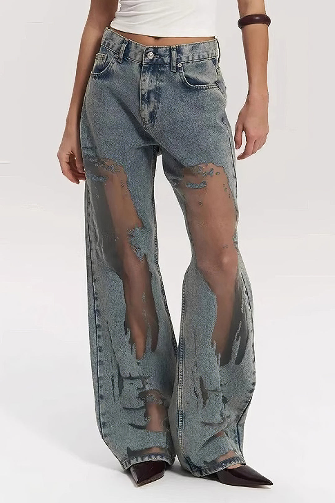 Denim Yama Detaylı File Düğmeli Cep Kesik Detaylı Geniş Paça Jean