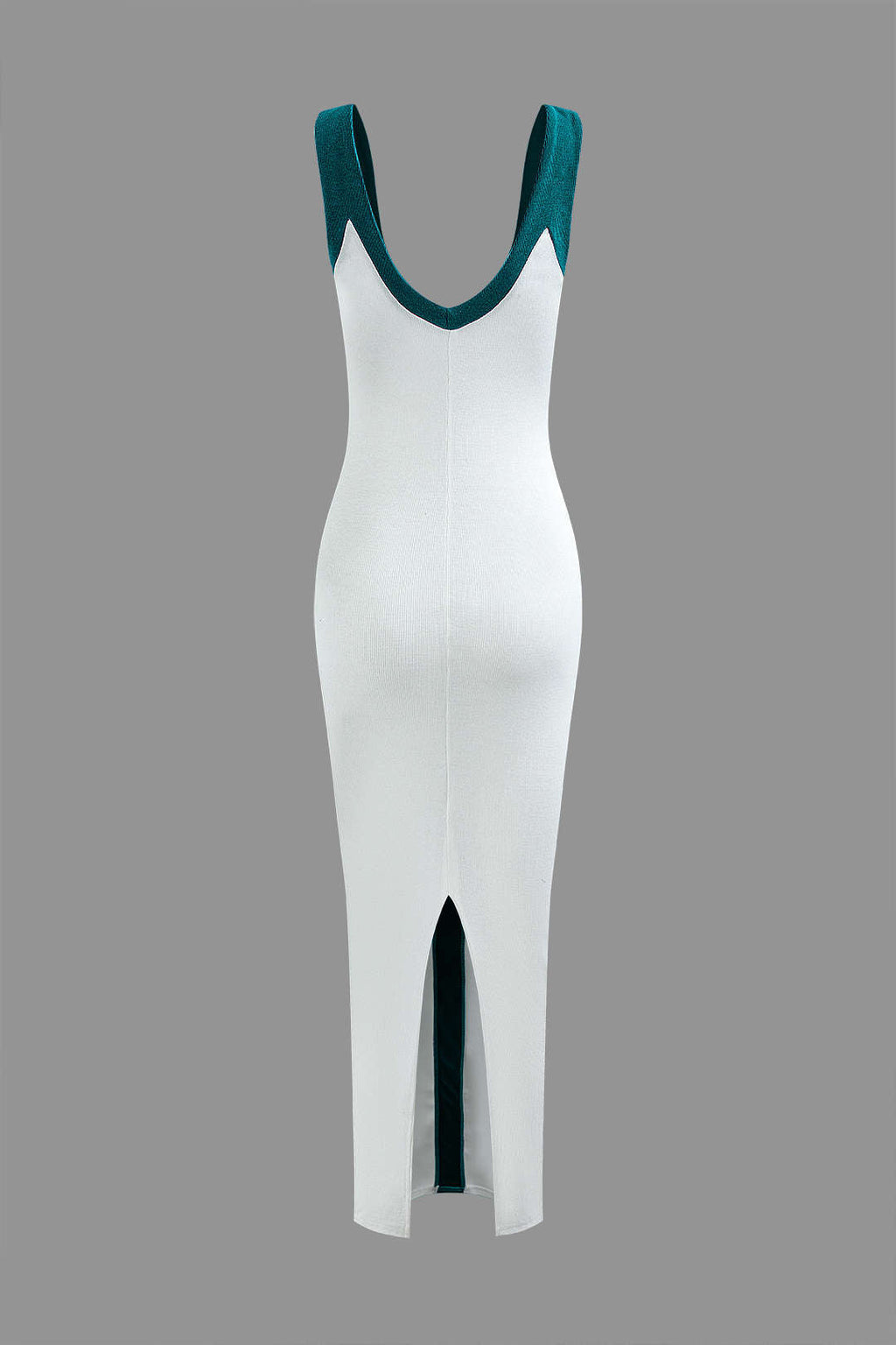 Renk Bloklu V Yaka Ribana Kesik Maxi Elbise