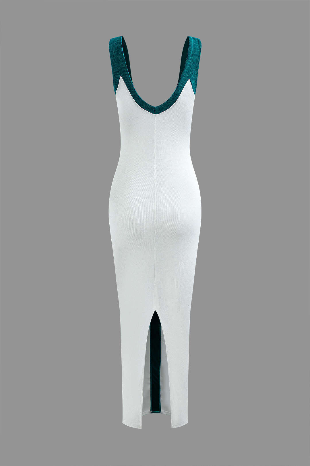 Renk Bloklu V Yaka Ribana Kesik Maxi Elbise