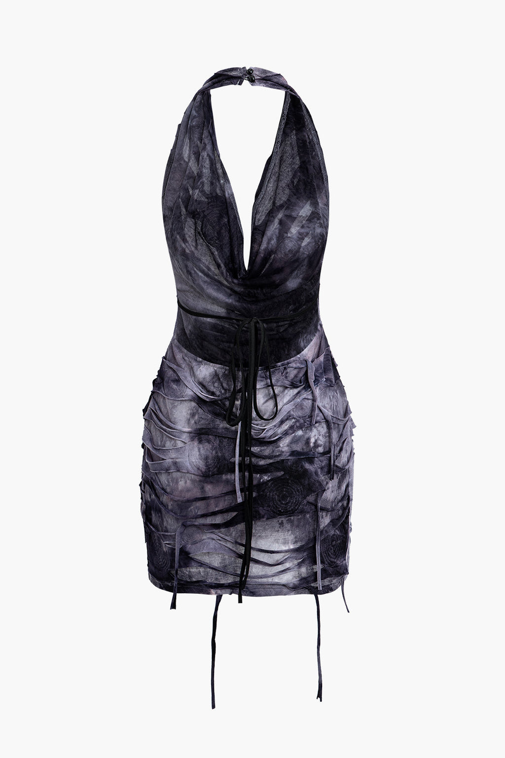 Halter Sırt Açık Yıpranmış Mini Elbise