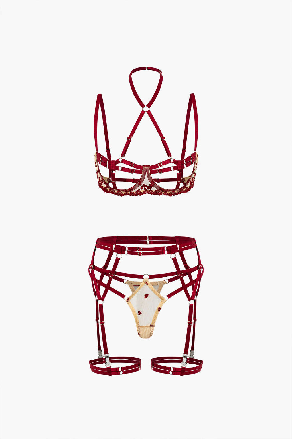 Tül Parchwork Metalik Kalp Şekilli Yüzük Kesik Detaylı Jartiyer Takımı