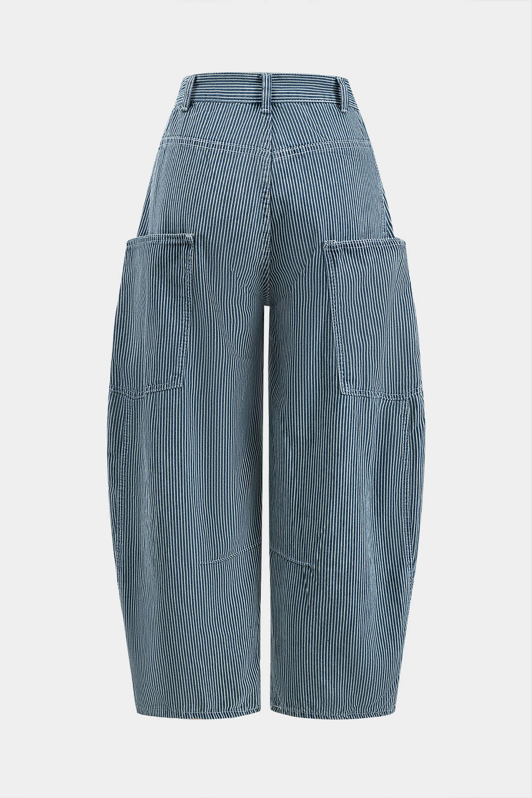 Harf Nakışlı Denim Çizgili Düğmeli Cep Detaylı Geniş Paça Pantolon