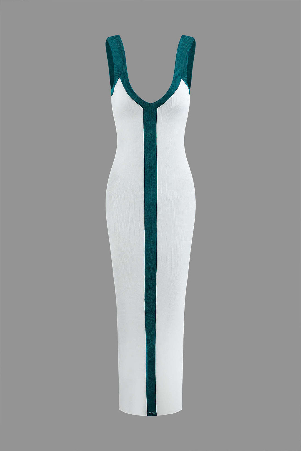 Renk Bloklu V Yaka Ribana Kesik Maxi Elbise