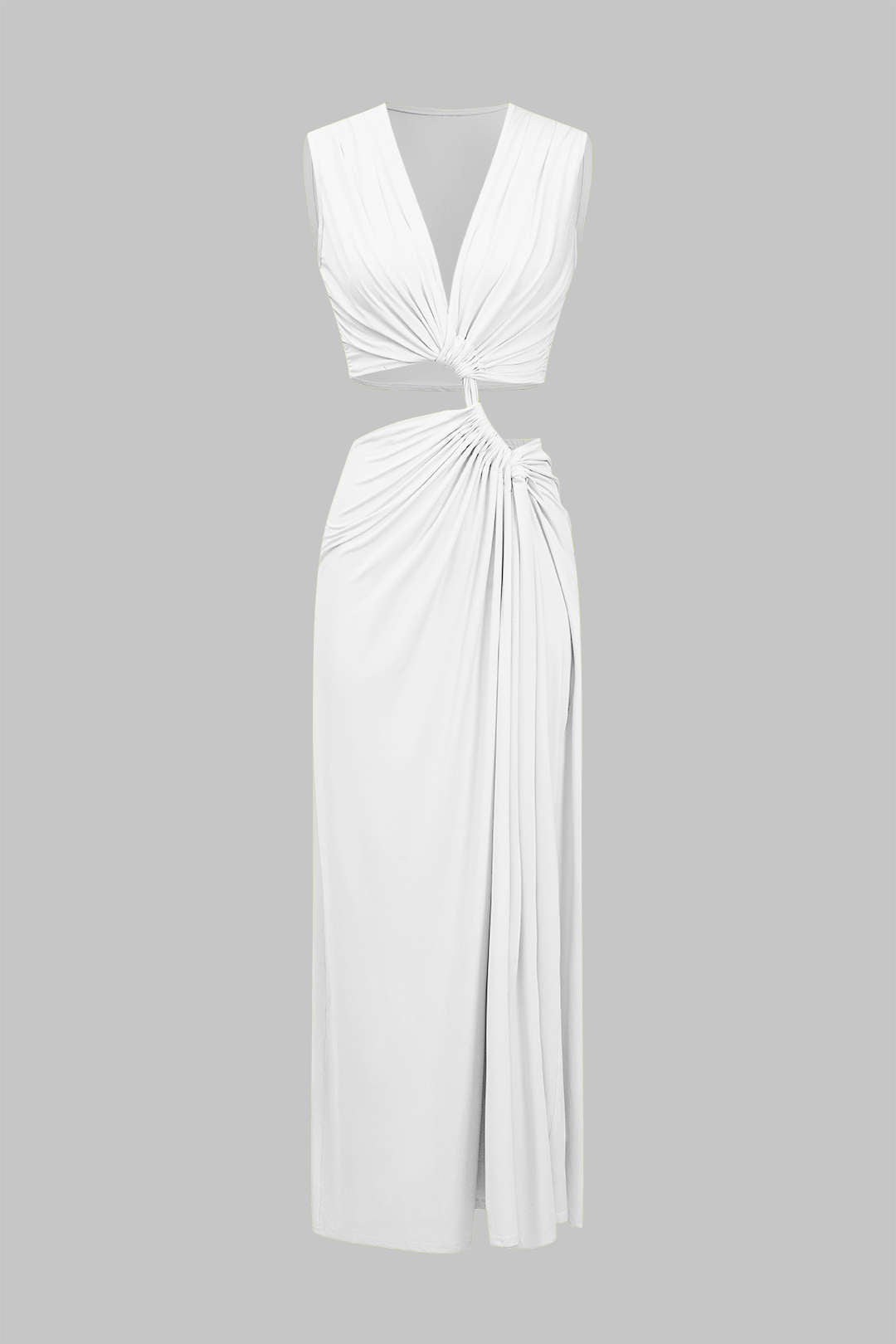 Kesik Detaylı Dönme Bağlama Kolsuz Yırtmaçlı Midi Elbise