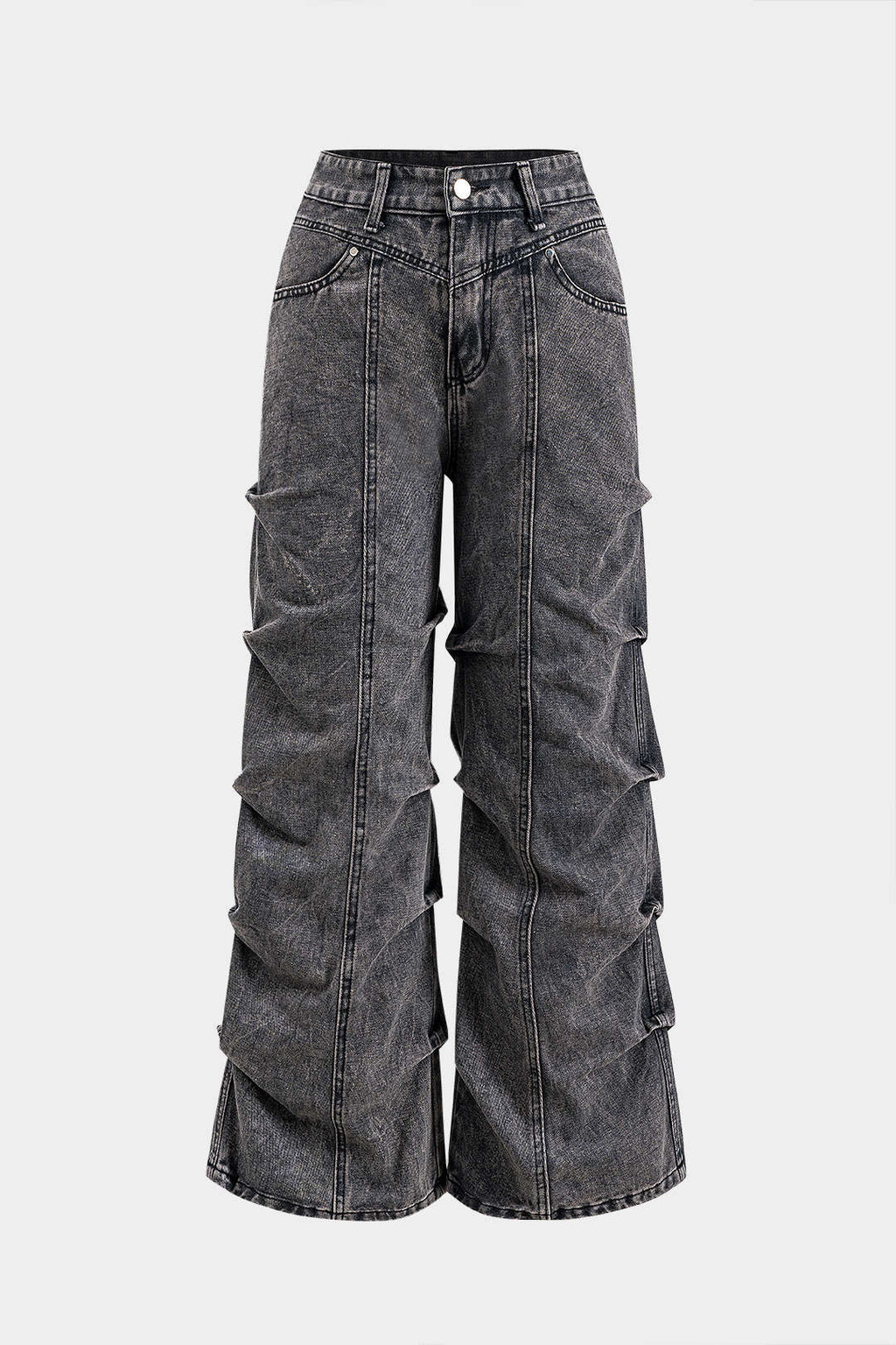 Denim Büzgülü Düğmeli Cep Detaylı Geniş Paça Jean