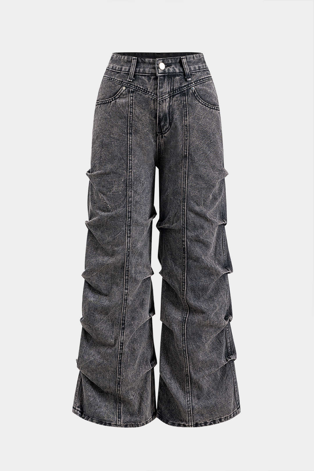 Denim Büzgülü Düğmeli Cep Detaylı Geniş Paça Jean