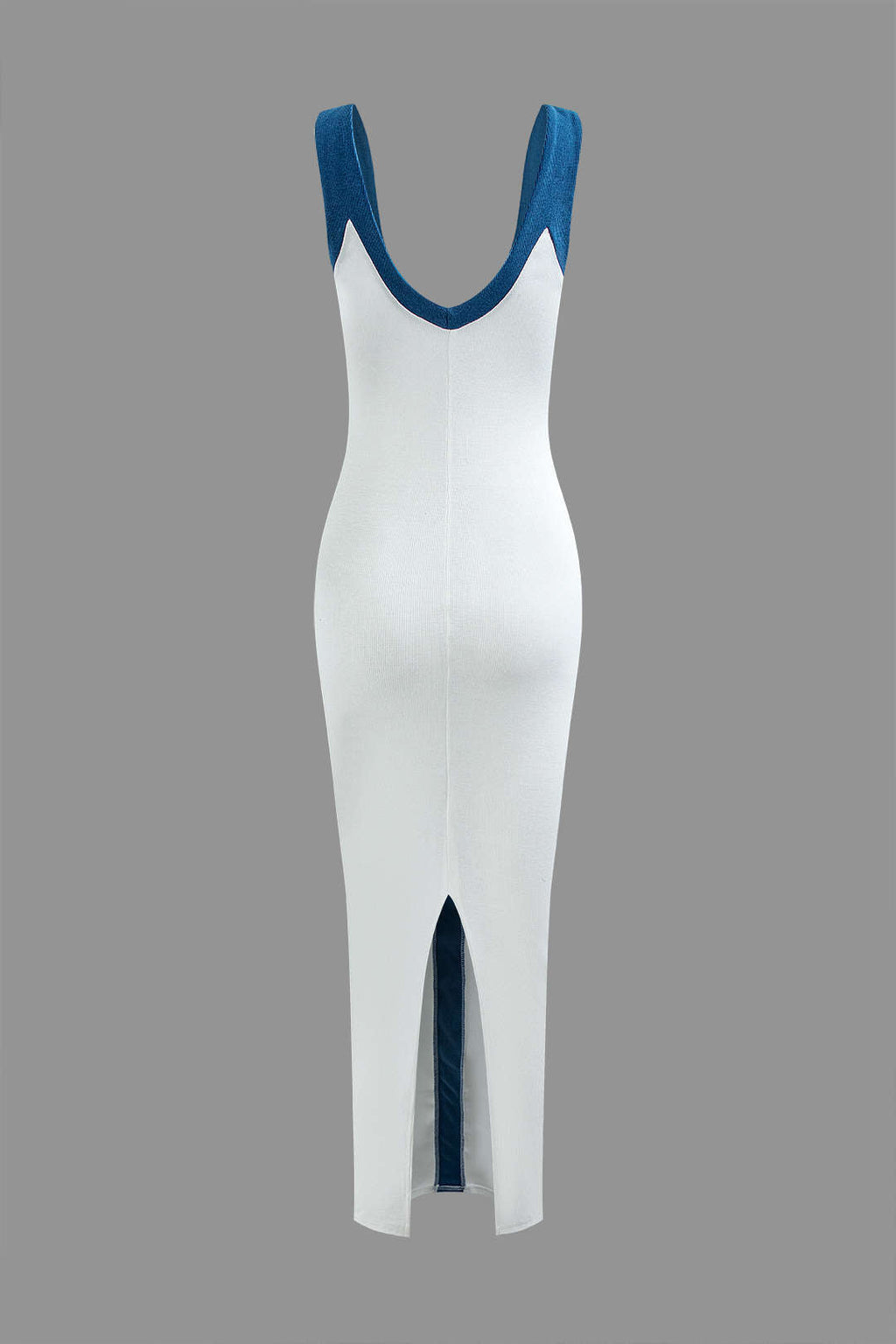 Renk Bloklu V Yaka Ribana Kesik Maxi Elbise