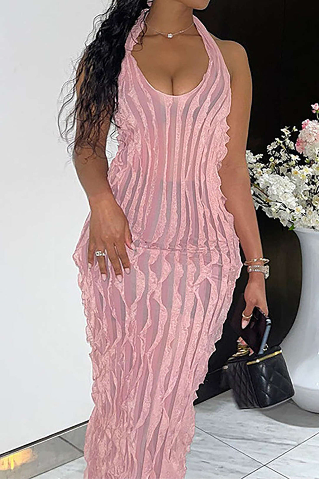 Şeffaf Volanlı Doku Halter Sırt Açık Maxi Elbise