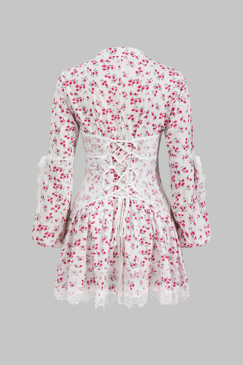 Dantel Kenar Detaylı Ditsy Çiçek Desenli Uzun Kollu Mini Elbise