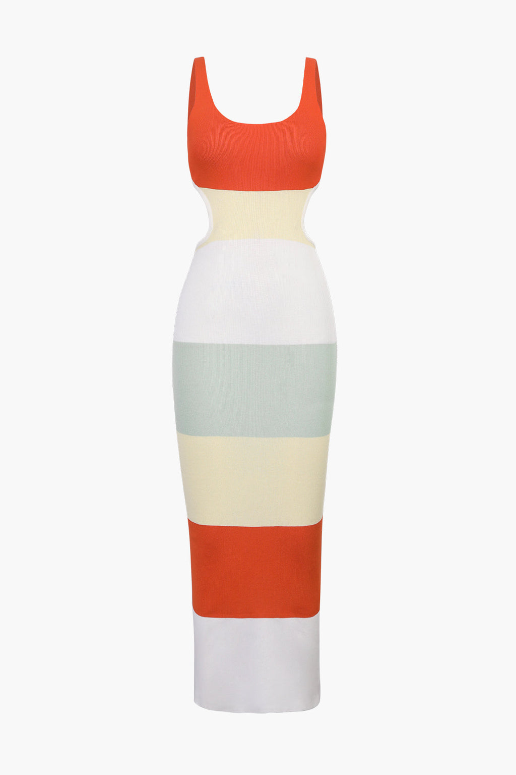 Çok Renkli Çizgili Triko Sırt Açık Maxi Elbise