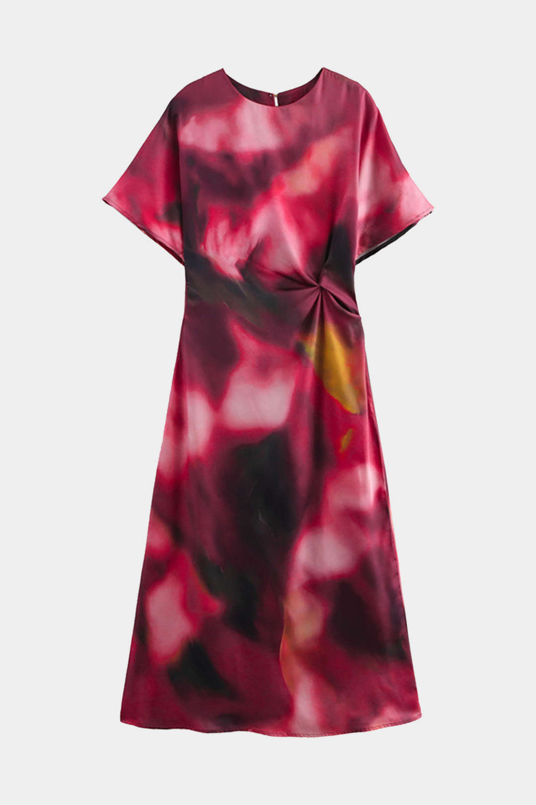 Tie Dye Fırfırlı Kesik Düğme Dönüşüm Knot Midi Elbise