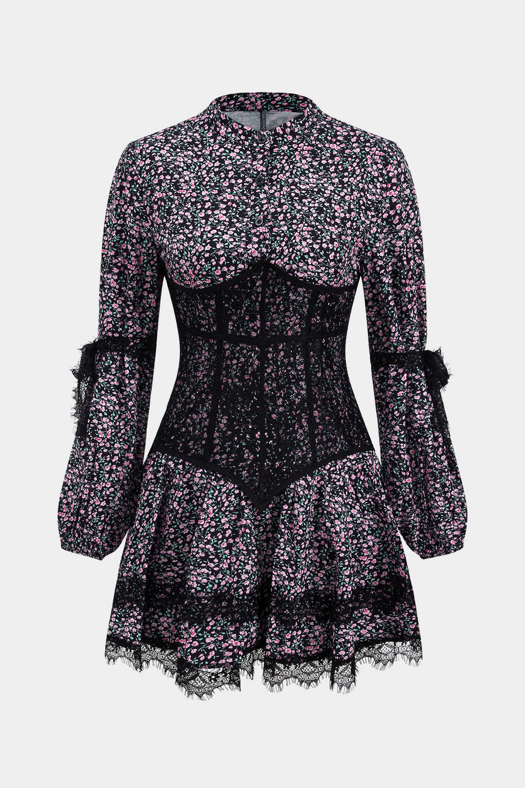 Dantel Kenar Detaylı Ditsy Çiçek Desenli Uzun Kollu Mini Elbise