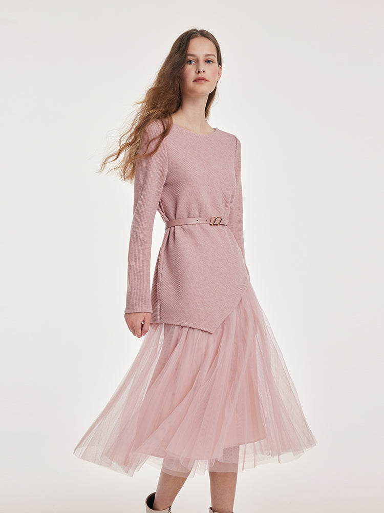 Kemerli Asimetrik Etek Uçlu Üst ve Tül Etek İki Parça Takım