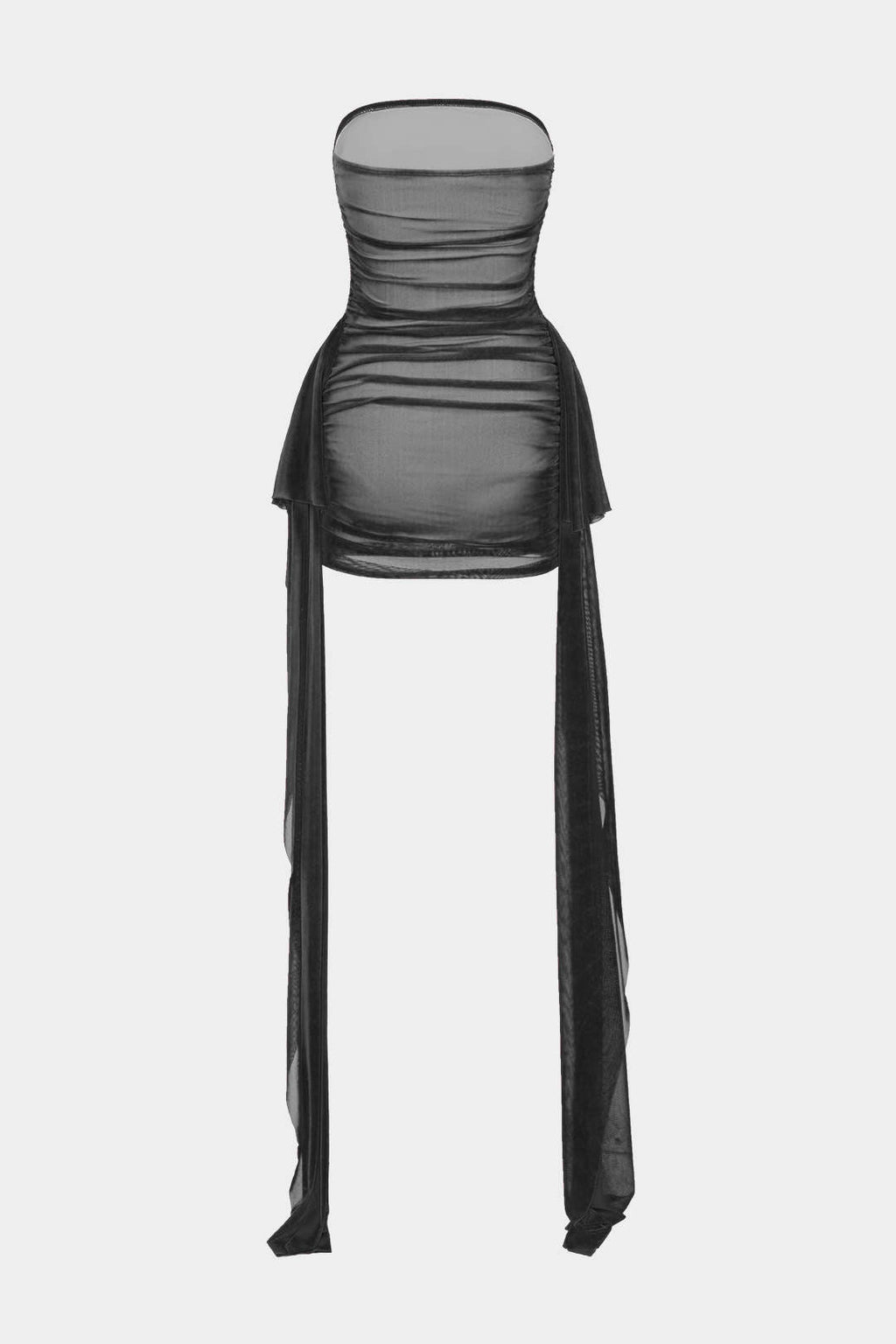 Ağ Mesh Ruched Straplez Mini Elbise