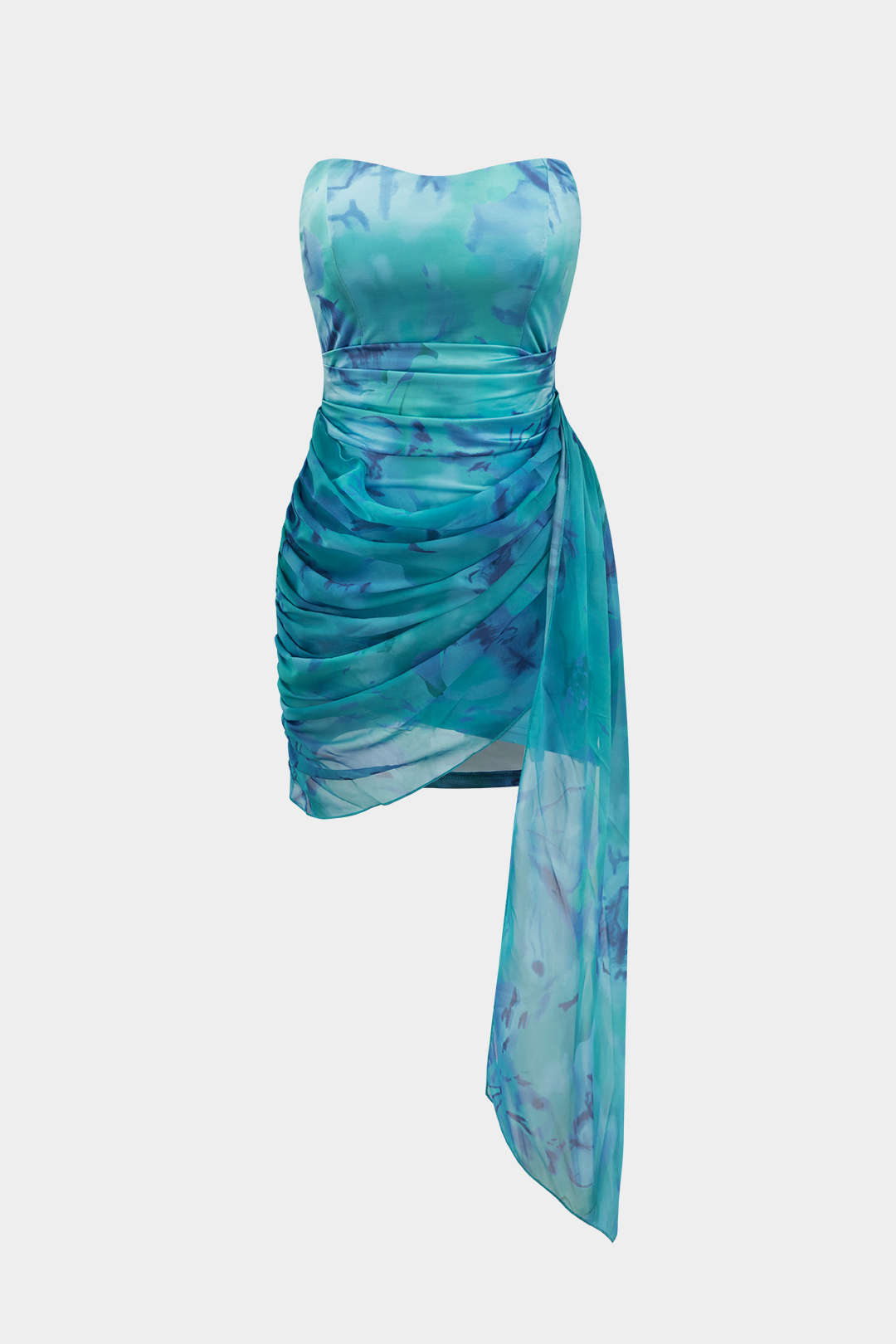 Çiçek Desenli Sarma Ruched Straplez Mini Elbise