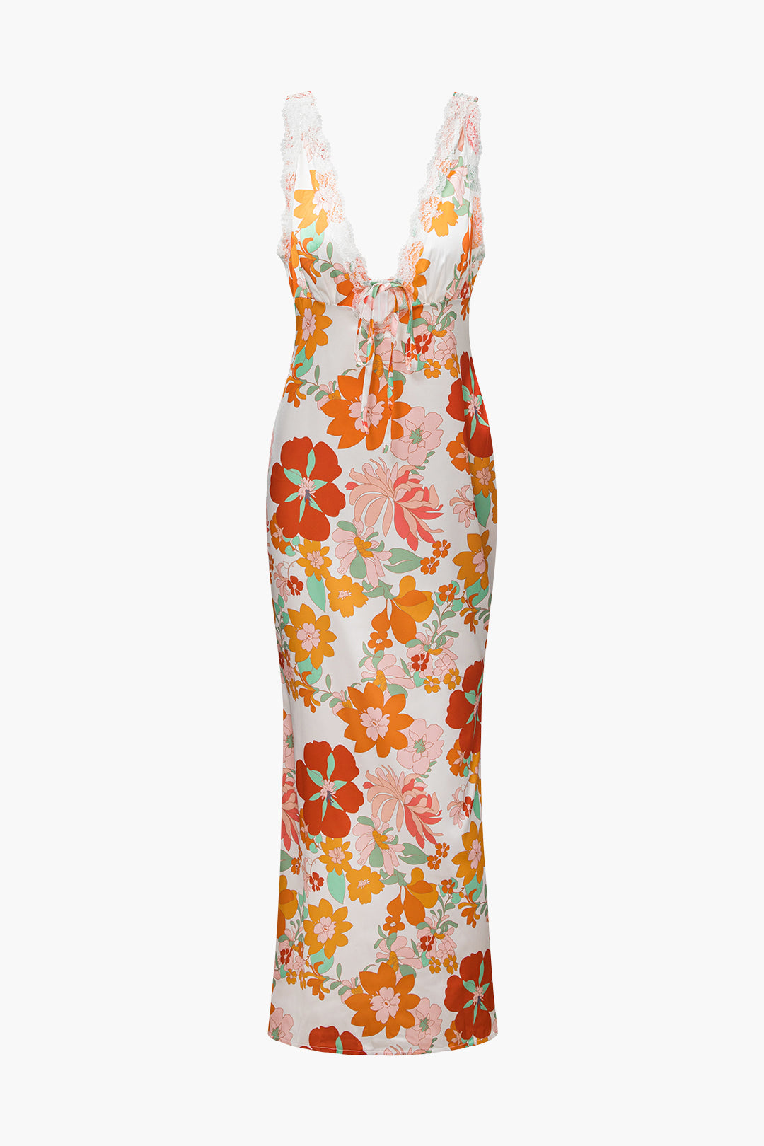 Çiçek Desenli Dantel Detaylı V Yaka Maxi Elbise