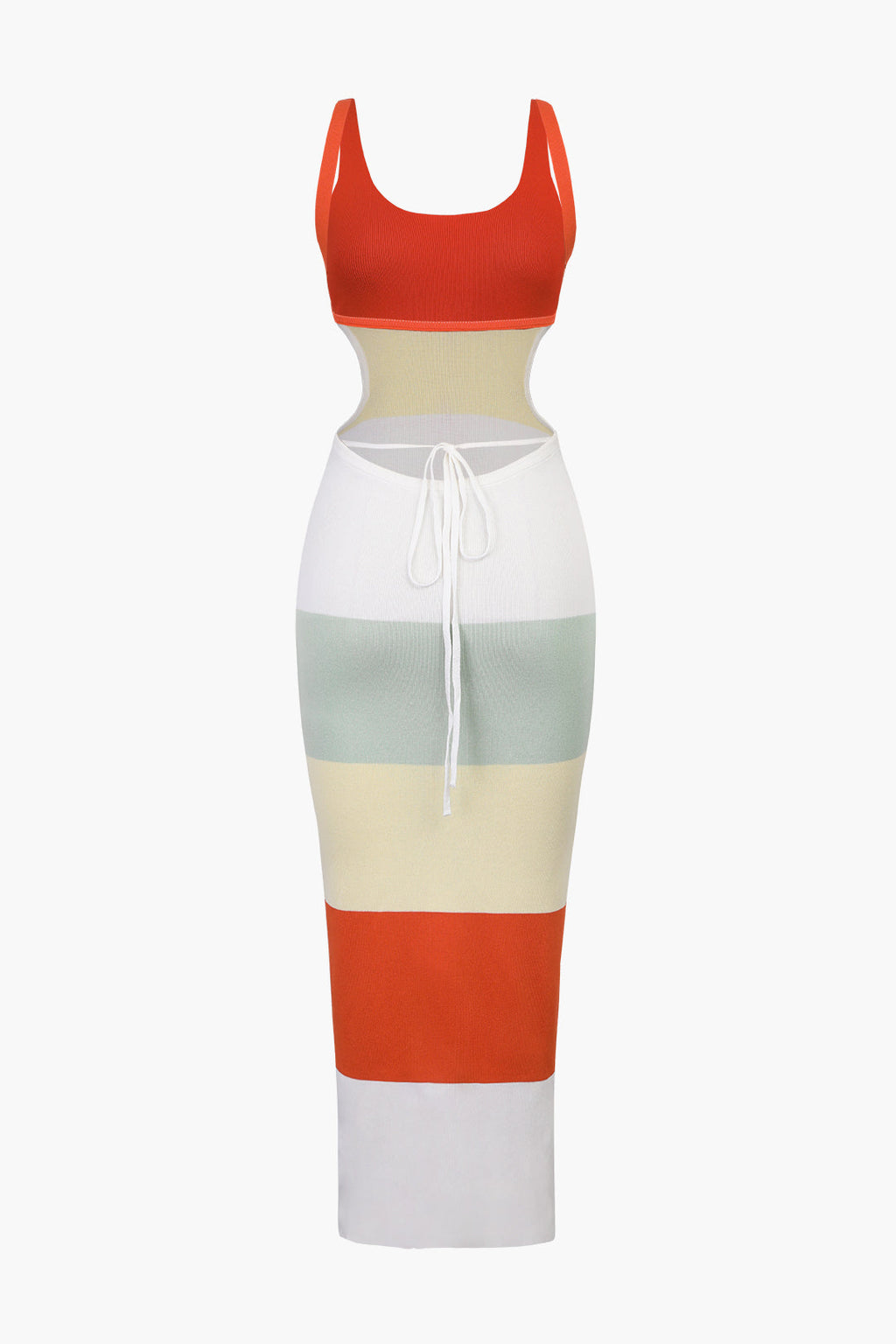 Çok Renkli Çizgili Triko Sırt Açık Maxi Elbise