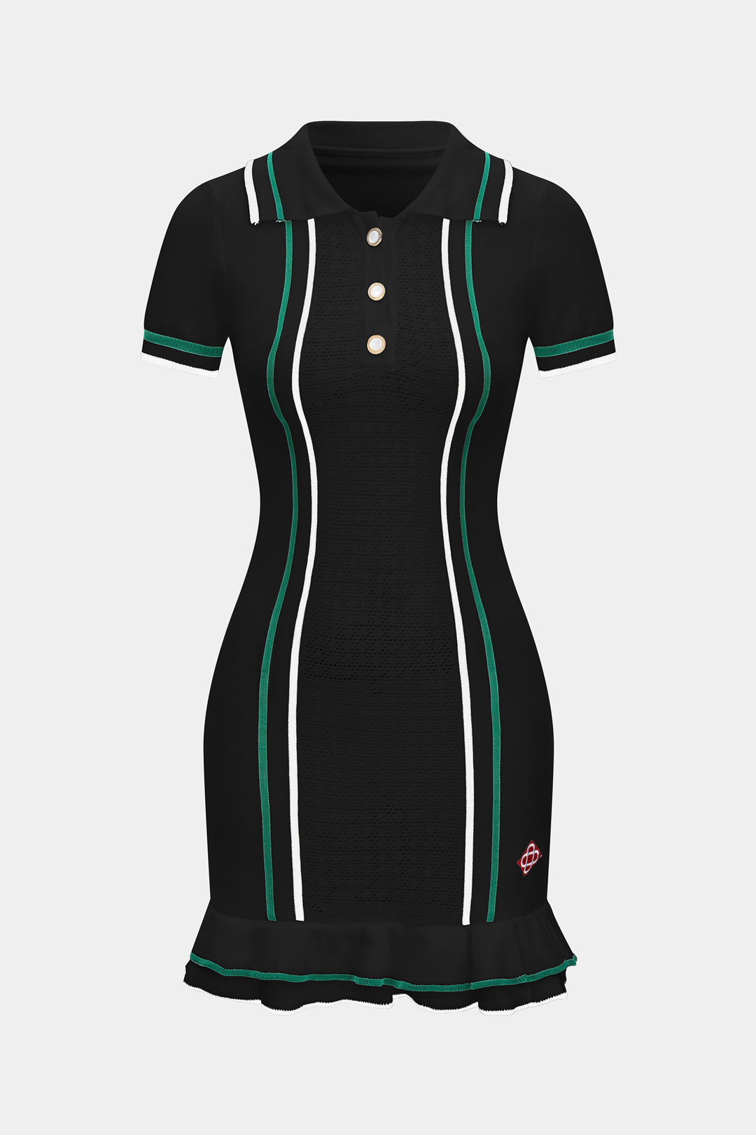 Triko Kontrast Düğme Volan Kısa Kol Elbise