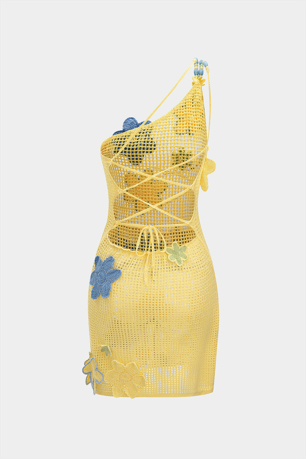 Örgü Asimetrik Boncuklu 3D Çiçekli Boş Arka Kısmı Açık Kolsuz Elbise