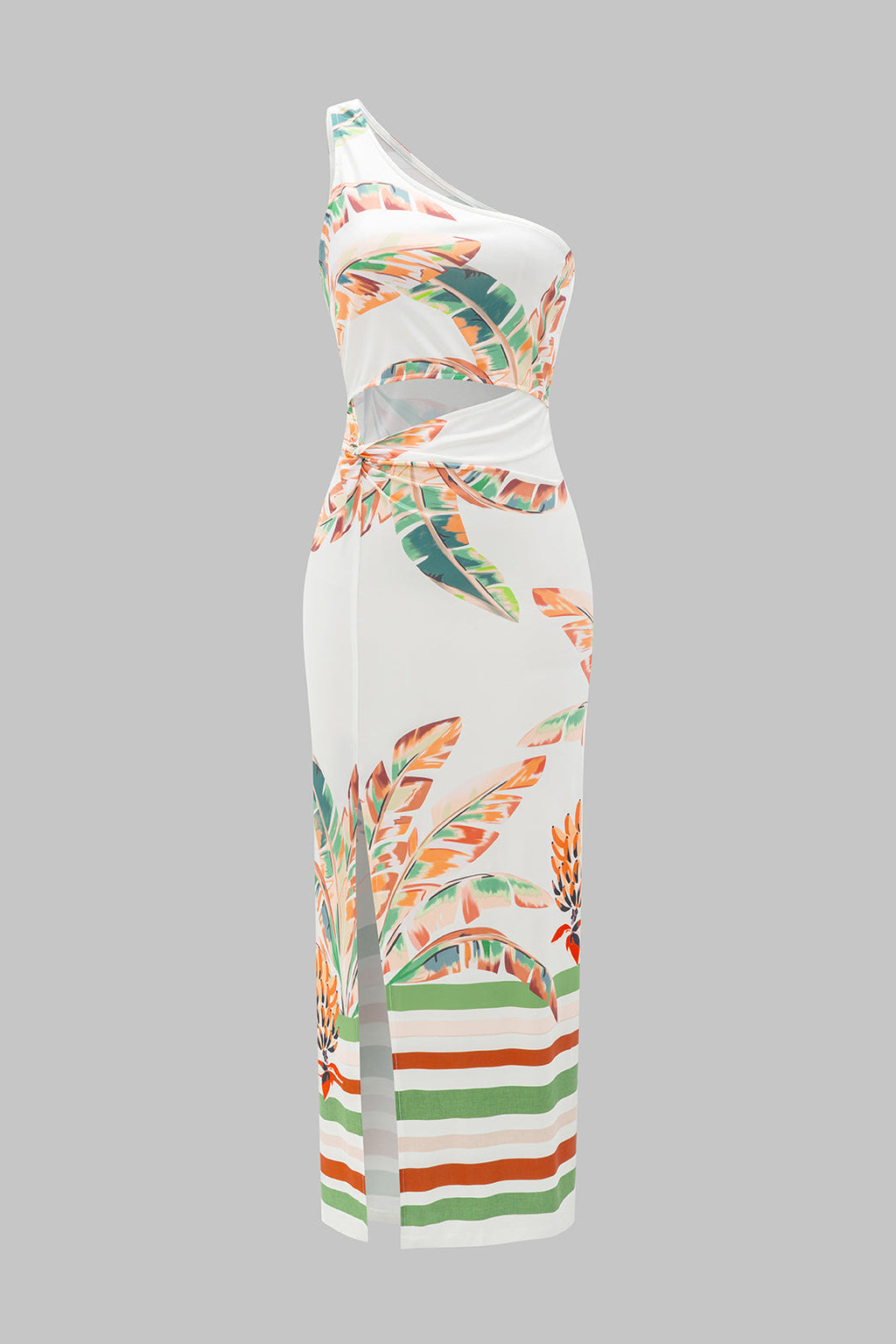 Çiçek Desenli Kesik Omuzlu Kolsuz Yırtmaçlı Midi Elbise