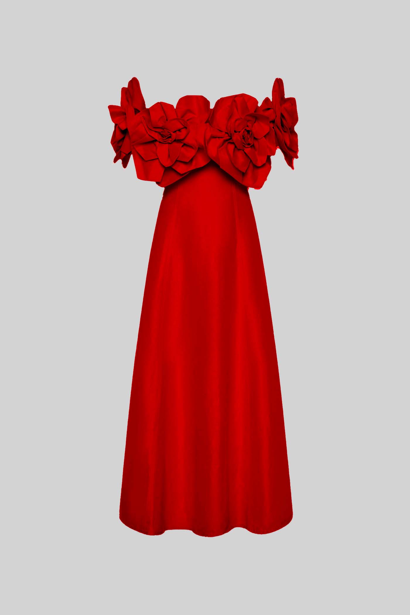 Büyük Kumaş Çiçek Desenli Omuzları Açık Midi Elbise