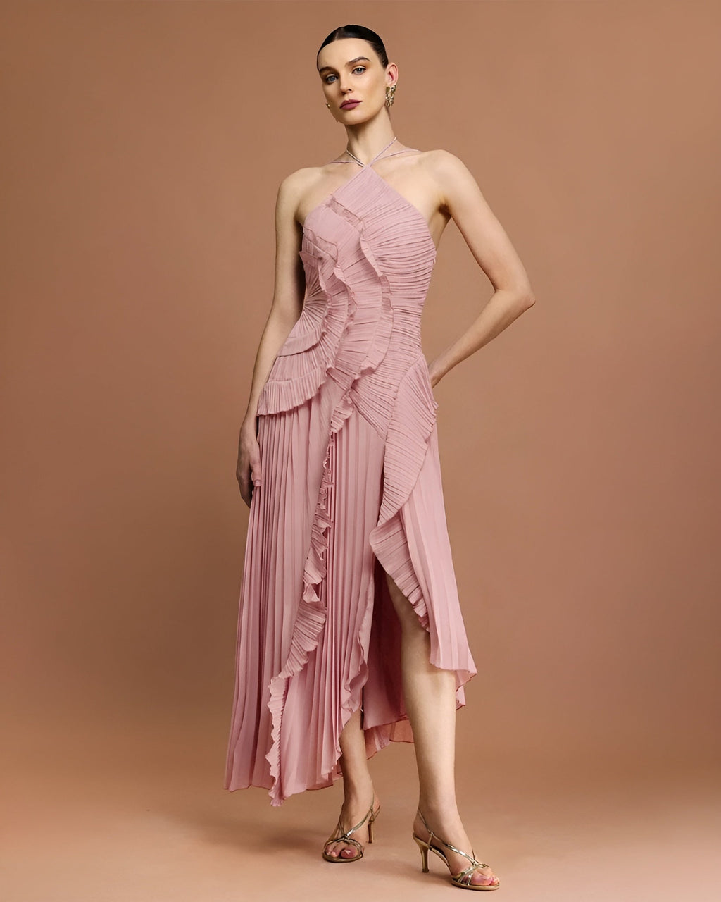 Fırfır Detaylı Pileli Halter Midi Elbise