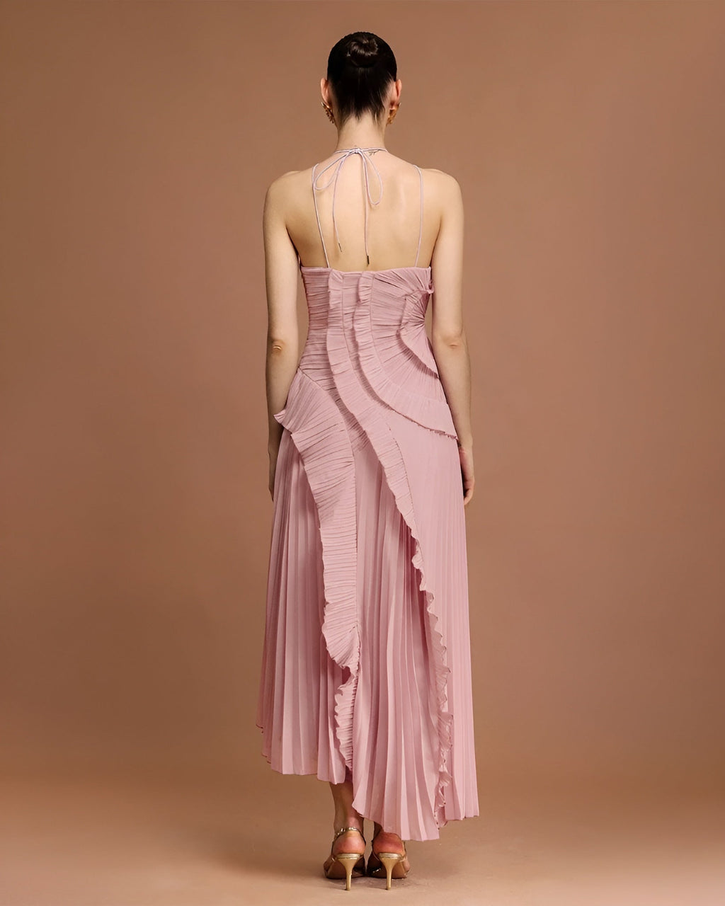 Fırfır Detaylı Pileli Halter Midi Elbise