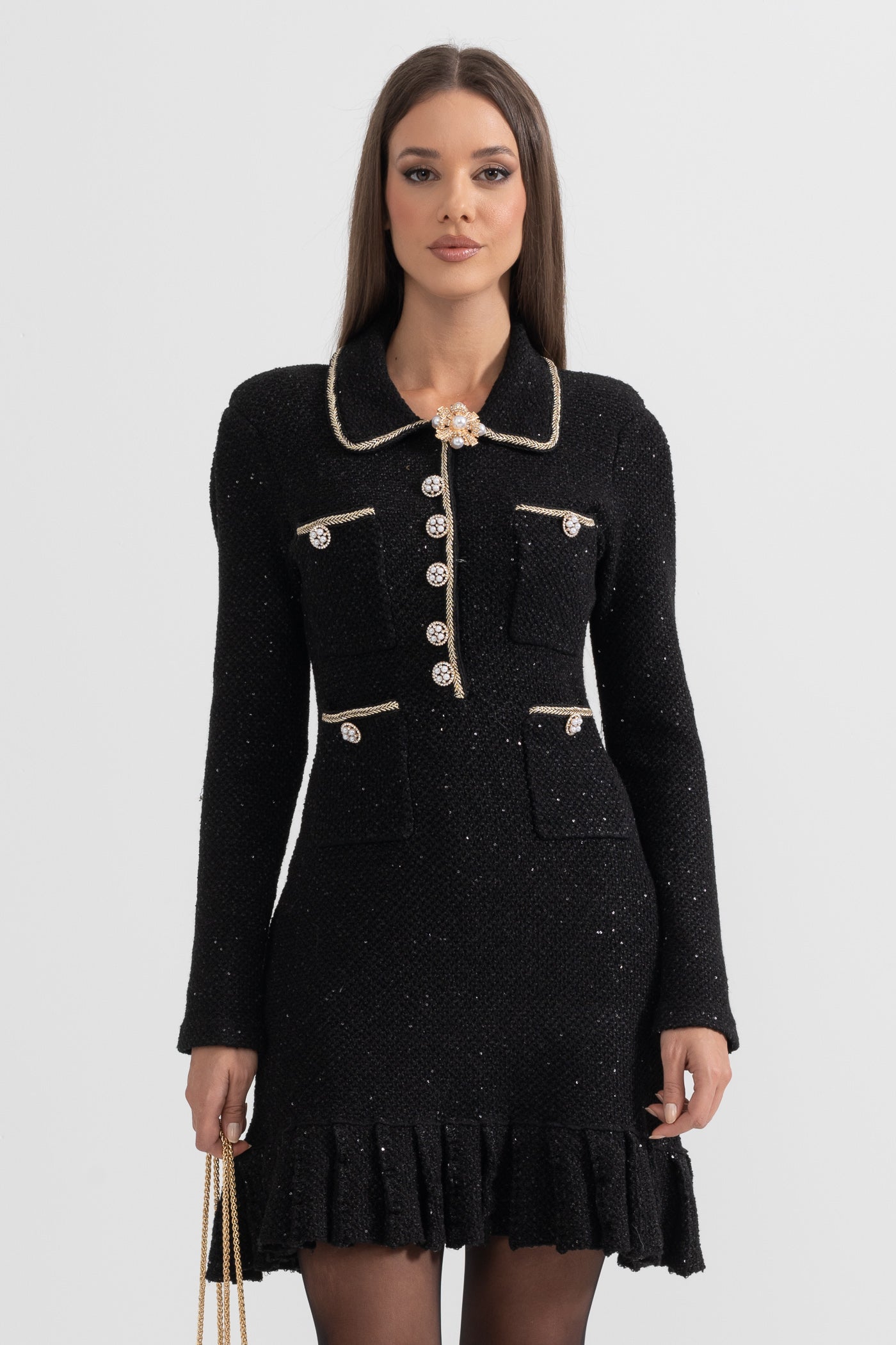 Dokulu Triko Elbise - Siyah