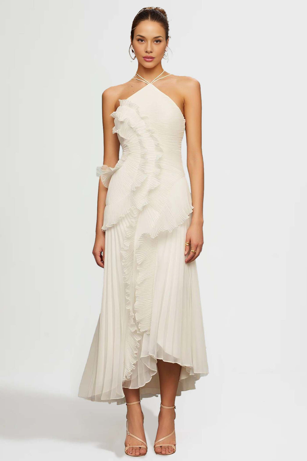 Fırfır Detaylı Pileli Halter Midi Elbise